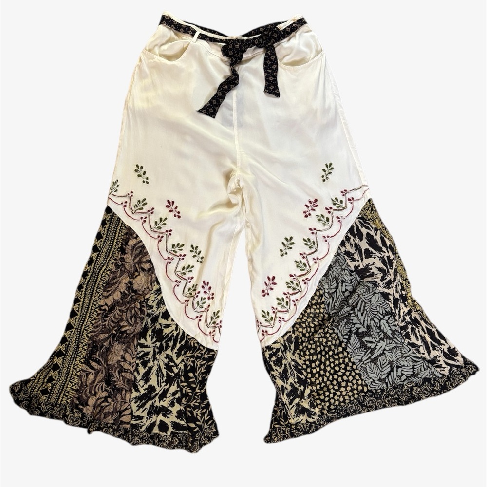 Embroidered Wide Leg Patchwork Pants in Cream and Black